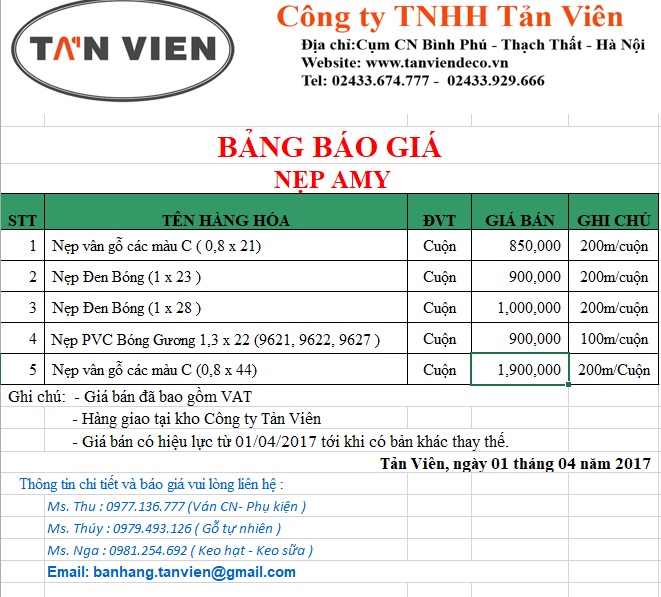 Bảng giá nẹp nhựa PVC