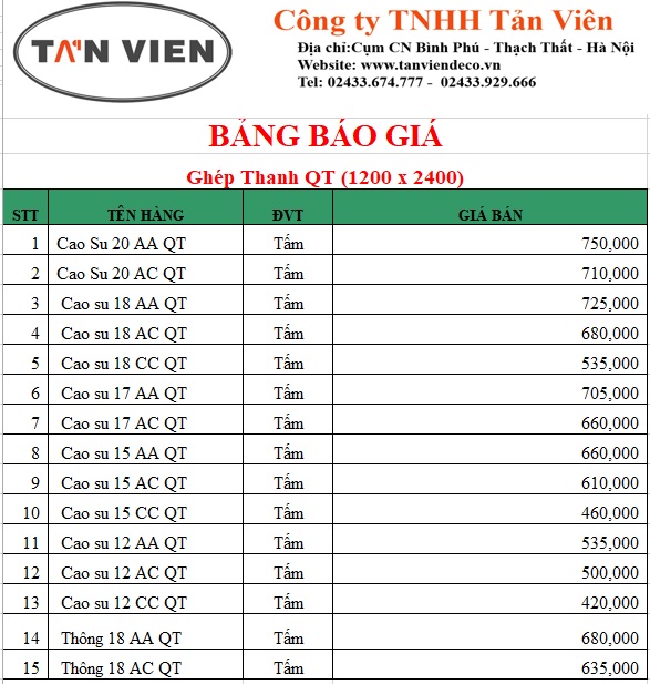 Bảng giá cao su ghép thanh tại Hà Nội